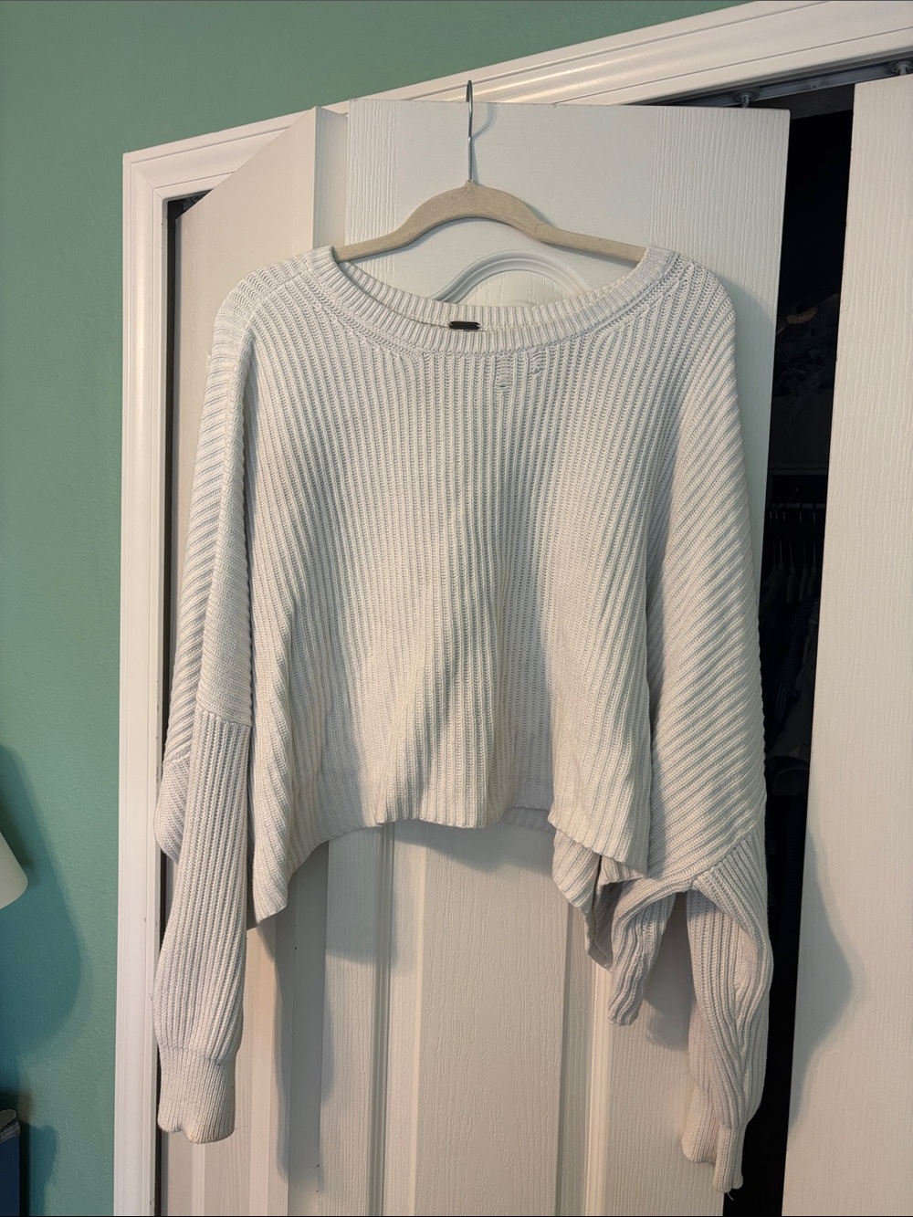 Free People Cream Ribbed Cropped Scoop-Neck Sweater